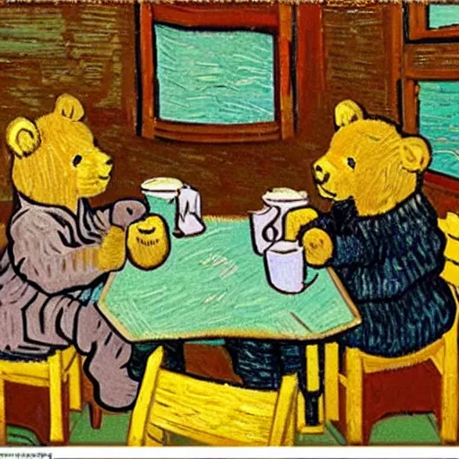 Image similar to teddy bears having a coffe break in a diner in the style of van gogh
