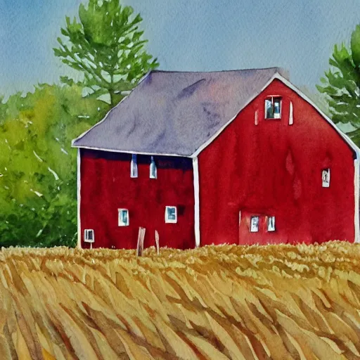 Prompt: watercolor painting. A red farm house with a gambrel style roof. It's standing in the middle of a wheat field