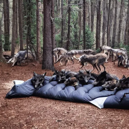 Prompt: a pack of wolves encircling a sleeping bag in a forest