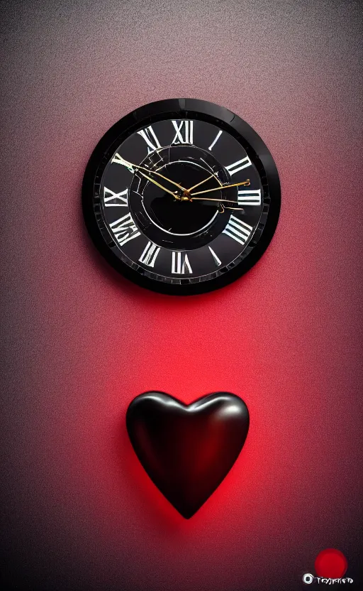 Image similar to a melting Roman numeral clock, behind a red and black gradient background, awith a black heart shaped on the top left corner and a black diamond card shape in the bottom right corner, dynamic lighting, photorealistic fantasy concept art, trending on art station, stunning visuals, cinematic, creative, ultra detailed