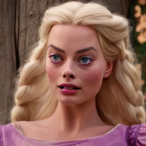 Image similar to Margot Robbie as Rapunzel in disney tangled live action, 8k full HD photo, cinematic lighting, anatomically correct, oscar award winning, action filled, correct eye placement,