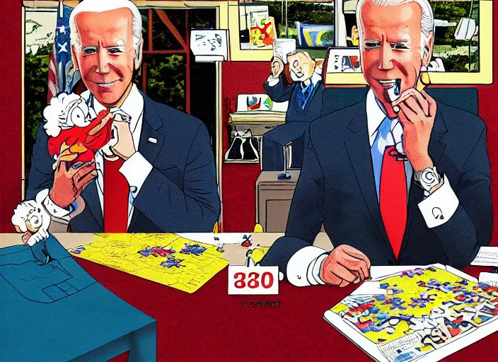 Image similar to joe biden, a jigsaw puzzle by charles schulz, behance contest winner, naive art, official art, colorized, digitally enhanced