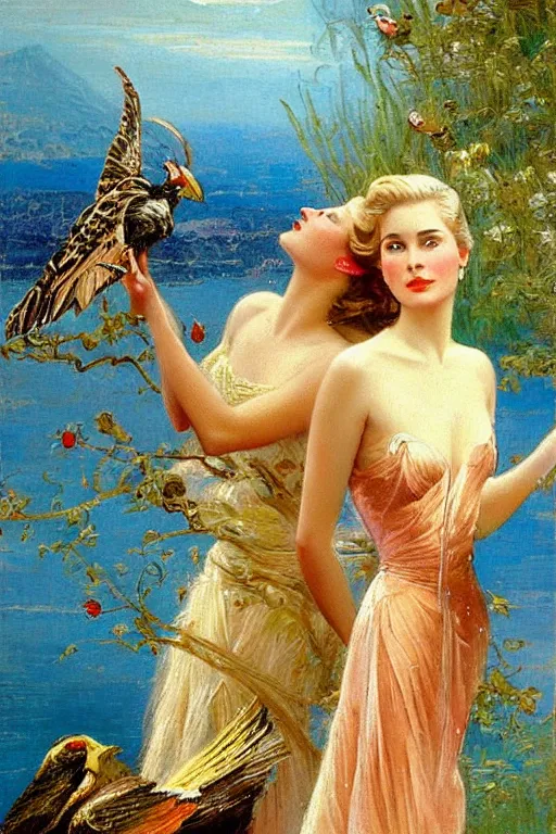 Image similar to Grace Kelly explaining the birds and the bees in the style of Gaston Bussière, art nouveau, art deco