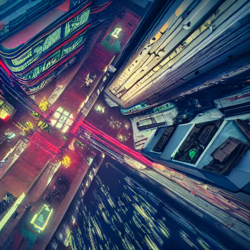 Prompt: 8 k artstation photograph rainy city crumbling ruins scifi cyberpunk aesthetic hyper realistic aerial view top down