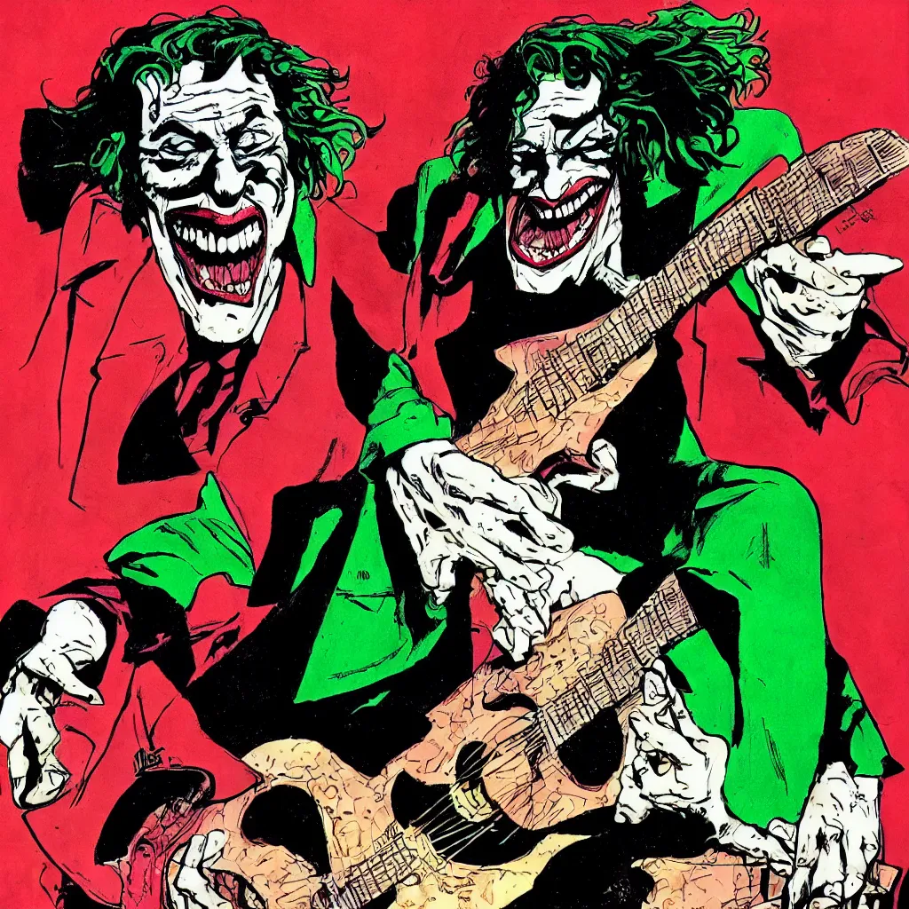 Prompt: joker playing guitar, by frank miller, comic