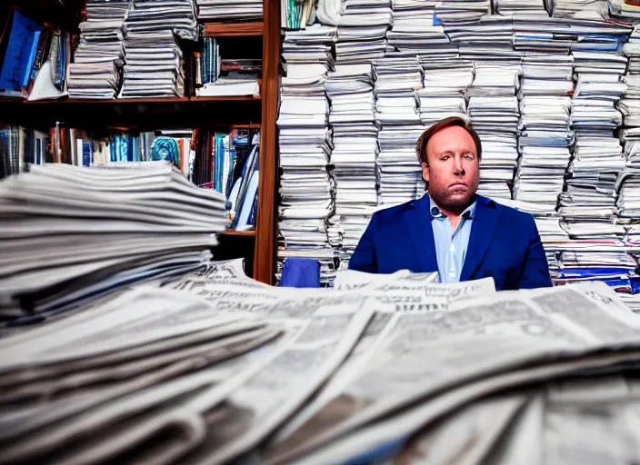 Prompt: dslr photo still of infowars host alex jones in a blue suit sitting depressed in a room filled to the ceiling with newspapers, 5 2 mm f 5. 6