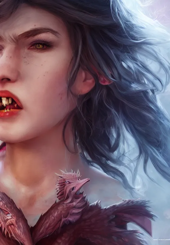 Image similar to The Child of a Beautiful Woman and a Dragon, demigod, beautiful, artstation, character design 4k, 8k, realistic, scales, fangs, girl, woman, detailed, hard, portrait, studio lighting