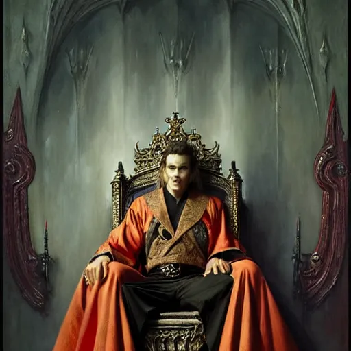 Image similar to perfectly centered portrait of attractive vampire king in a robe sitting on a throne of bones, highly detailed painting by gaston bussiere, craig mullins, j. c. leyendecker, 8 k