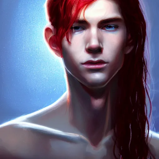 Image similar to portrait of a thin young man with long red hair, ponytail, a lot of freckles on his face, an earring, intricate, elegant, glowing lights, highly detailed, digital painting, artstation, concept art, smooth, sharp focus, illustration