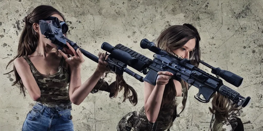 Image similar to hyperrealistic photo of a hot girl holding an ar - 1 5, 8 k