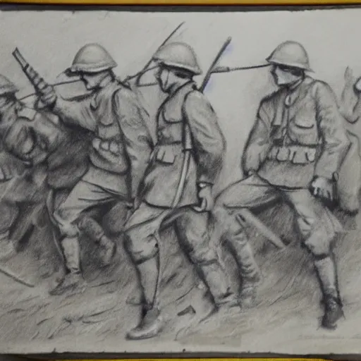 Image similar to charcoal sketch of german WW1 soldiers fighting zombies with flame throwers