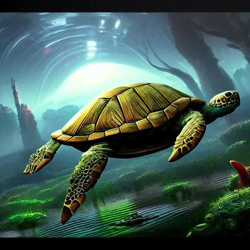 Image similar to humanoid turtle, sci - fi, utopian, pixar splash art, wlop, intricately detailed, highly detailed, trending on artstation, 4 k, wallpaper - 1 0 2 4