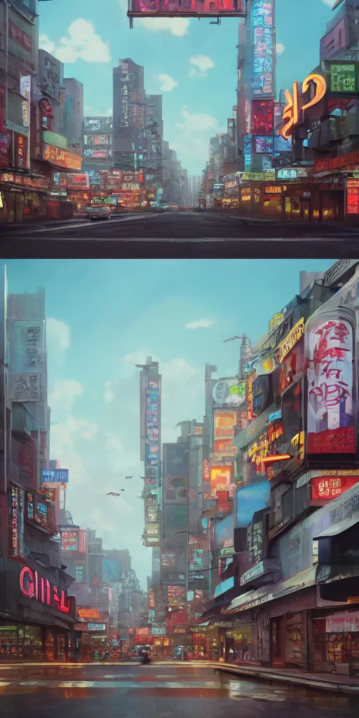 Prompt: A highly detailed matte painting of Buildings with Billboards and neonsigns by Studio Ghibli, Makoto Shinkai, by Artgerm, by WLOP, by Greg Rutkowski, volumetric lighting, octane render, 4K resolution, trending on artstation, masterpiece