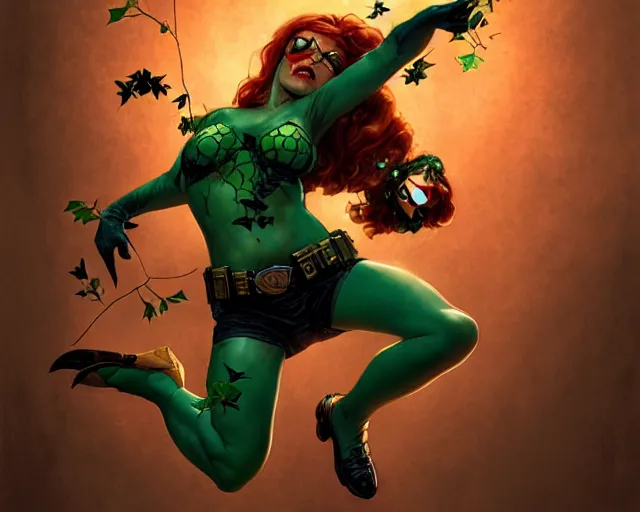 Prompt: poison ivy kicking Batman in the stomach, action, illustration, symmetrical face, artstation, cinematic lighting, hyperdetailed, cgsociety, 8k, high resolution, Charlie Bowater, Tom Bagshaw, Norman Rockwell, insanely detailed and intricate, prison background