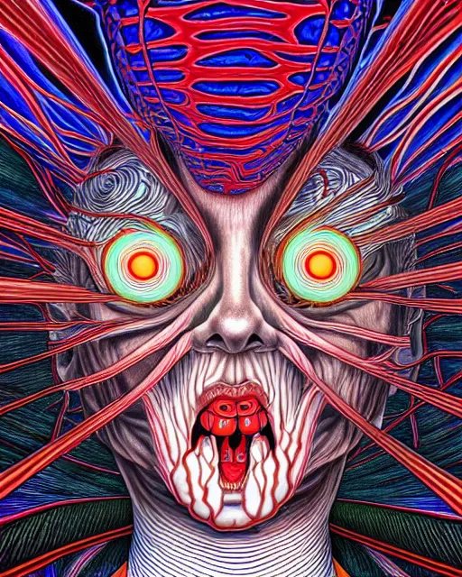 Image similar to human spirit breaking away from the body, conjuring psychedelic background, part by shintaro kago, part by alex gray, ross tran, james jean, ultra realistic, highly detailed, 8 k, trending on artstation, symmetry