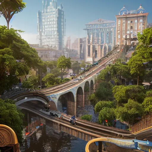 Prompt: a humongous civilization of naturists, cinematic, flowers, bridges, malls, shops, city, people, houses, wet reflections, unreal engine 5, octane, smooth, ray tracing, hyper detailed, hyper realism, fantasy, trending on artstation, behance, deviantart
