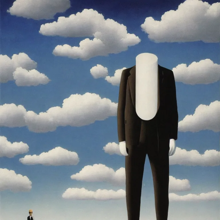 Image similar to portrait of a faceless reflective chrome - head man in a suit and black gloves, clouds and nature landscape in the background, by rene magritte, detailed painting, distance, centered, hd, hq, high resolution, high detail, 4 k, 8 k