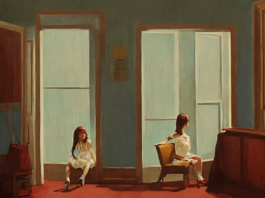 Prompt: lone girl waiting inside a 70s hotel hallway, stanley kubrick the shinning, american gothic, vibrant colors americana, Salvador Dalí interior setting, cinematic, volumetric lighting, ultra wide angle view, realistic, detailed painting in the style of Edward Hopper and René Magritte