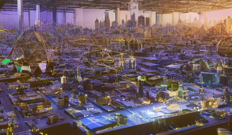 Image similar to large group people in a frame warehouse, looking at hologram of futuristic city on a table, cinematic concept art, godrays, golden hour, natural sunlight, 4 k, clear details, tabletop model buildings, foreground tabletop model, hologram center, crane shot, crane shot, crane shot