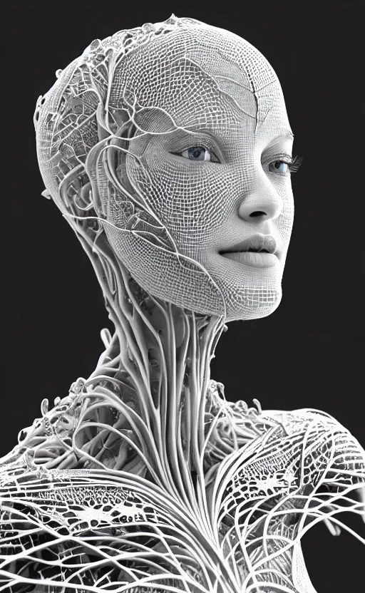 Image similar to complex 3d render of a beautiful profile woman face, vegetal dragon cyborg, 150 mm, beautiful natural soft light, rim light, silver details, magnolia stems, roots, fine lace, maze like, mandelbot fractal, anatomical, facial muscles, cable wires, microchip, elegant, highly detailed, white metallic armour, octane render, black and white, H.R. Giger style