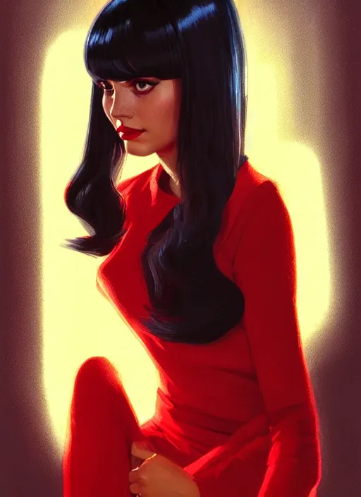 Image similar to portrait of veronica lodge with bangs, 1 9 6 0 s, long hair, red clothes, bangs, intricate, elegant, glowing lights, highly detailed, digital painting, artstation, concept art, smooth, sharp focus, illustration, art by wlop, mars ravelo and greg rutkowski