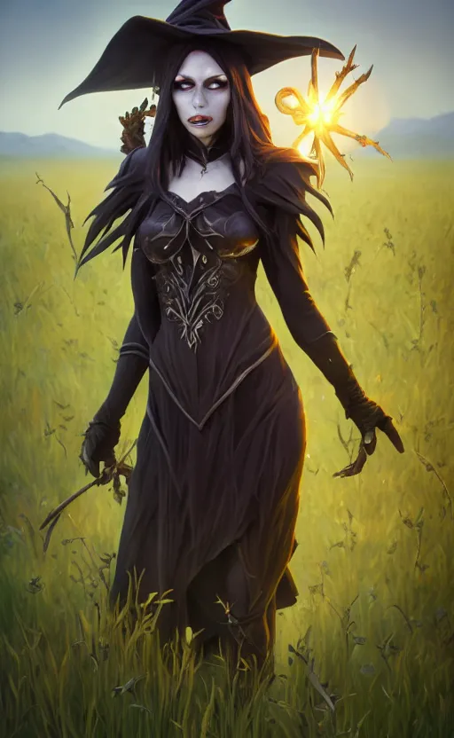 Image similar to medium shot of dark elf witch in field, sunny, highly detailed, d & d, fantasy, highly detailed, digital painting, trending on artstation, concept art, sharp focus, illustration, global illumination, ray tracing, realistic shaded, art by artgerm and greg rutkowski and fuji choko and viktoria gavrilenko and hoang lap