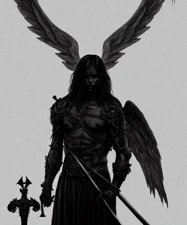 Image similar to dark art, portrait of fallen man angel standing on a stake with a sword and wings, bokeh. dark art masterpiece artstation. 8k, sharp high quality illustration in style of Jose Daniel Cabrera Pena and Leonid Kozienko, concept art by Tooth Wu