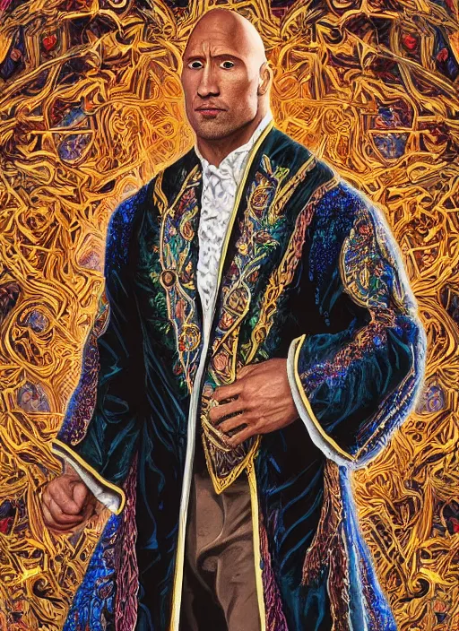 Image similar to beautiful oil painting, portrait of Dwayne the rock Johnson as Louis xiv in coronation robes 1701, Dan Mumford, Dan Mumford, Dan Mumford, Alex grey, Alex grey, lsd visuals, dmt fractal patterns, entheogen, psychedelic, hallucinogen, highly detailed, ornate, vaporwave