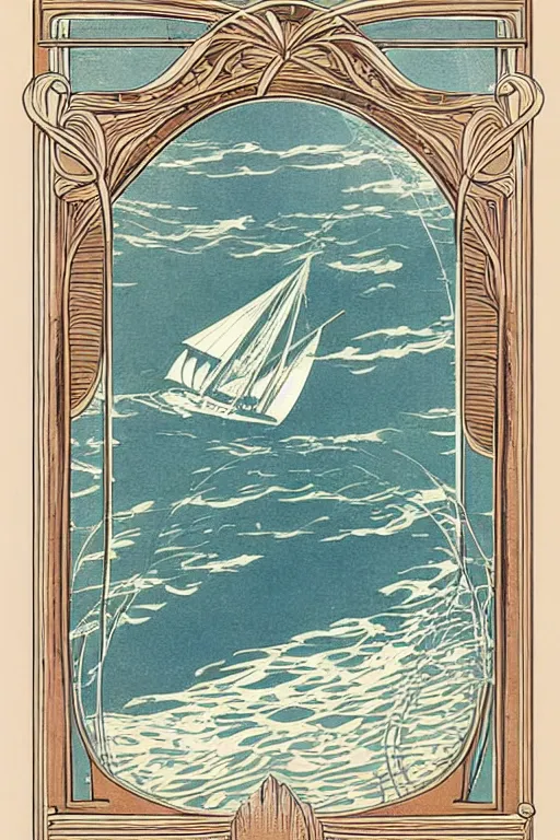 Image similar to Beautiful Art Nouveau print of a ship crossing the vast ocean