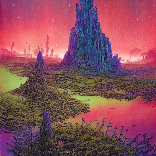 Image similar to an epic concept art, intricate coral, fungal gems, iridescent crystal monoliths, obelisks and an aurora borealis, mossy stumps, cell shading, by moebius, hiroshi yoshida, druillet, colorful, vivid colors