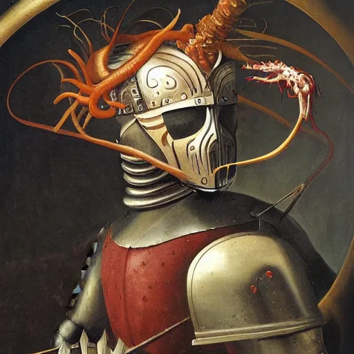 Prompt: a realistic painting by Raffaello Sanzi depicting the knight in shining armor with the head of the symbiotic Carnage in the Renaissance.