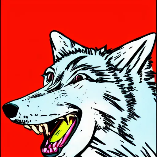 Image similar to portrait of retarded wolf, funny, squint eyes, rabies, propaganda style, vivid colors, poster style, he he