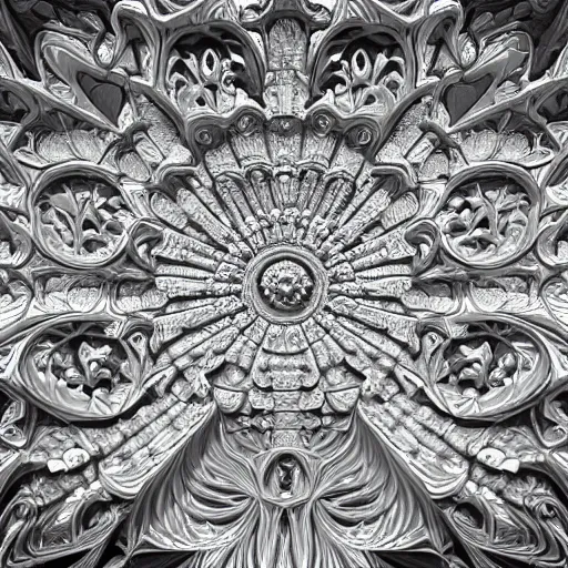 Prompt: a beautiful 3 d stone carving of an intricate mandelbrot fractal cathedral populated by fractals by android jones, carved soap, white color scheme, unreal engine, volumetric lighting, dynamic lighting, bright, dramatic lighting, high contrast, carved marble, opalescent, sacred geometry, religious, angelic, catholicpunk, stark, trending on artstation