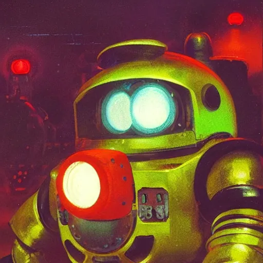 Prompt: a dark and colorful close - up of a sci - fi mecha supermario robot with led lights glowing fog in the background. highly detailed science fiction painting by norman rockwell, frank frazetta, and syd mead. rich colors, high contrast, gloomy atmosphere, dark background. trending on artstation