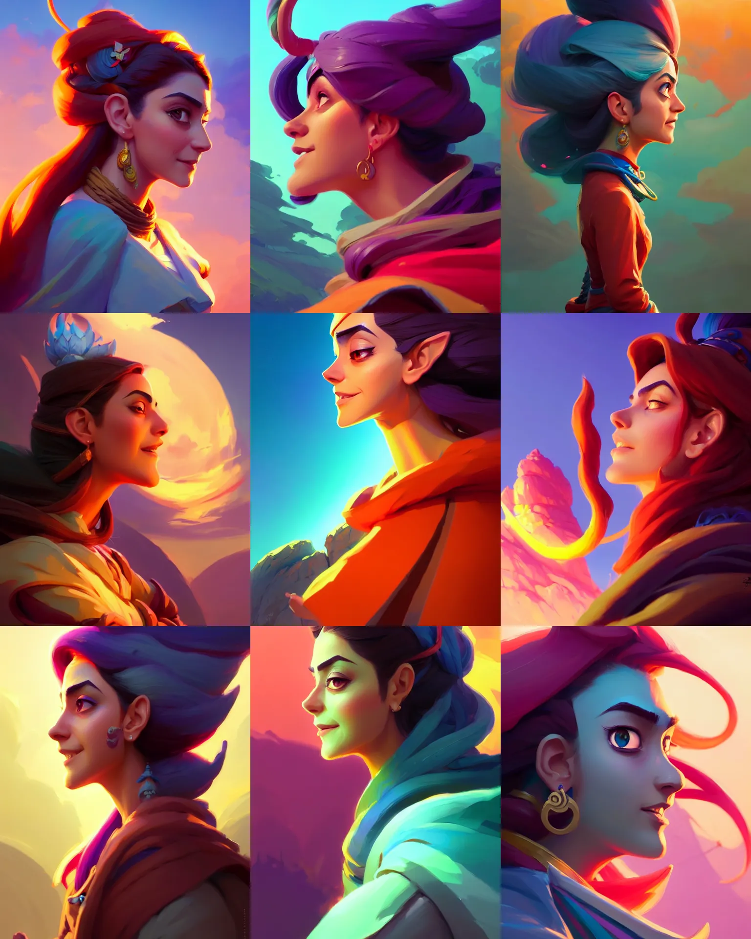 Prompt: side - profile painted portrait, maya ali as a wind mage, fantastically gaudy colors, octane render, hearthstone, matte painting concept art, official fanart behance hd artstation by jesper ejsing, by rhads and makoto shinkai and lois van baarle and ilya kuvshinov and rossdraws