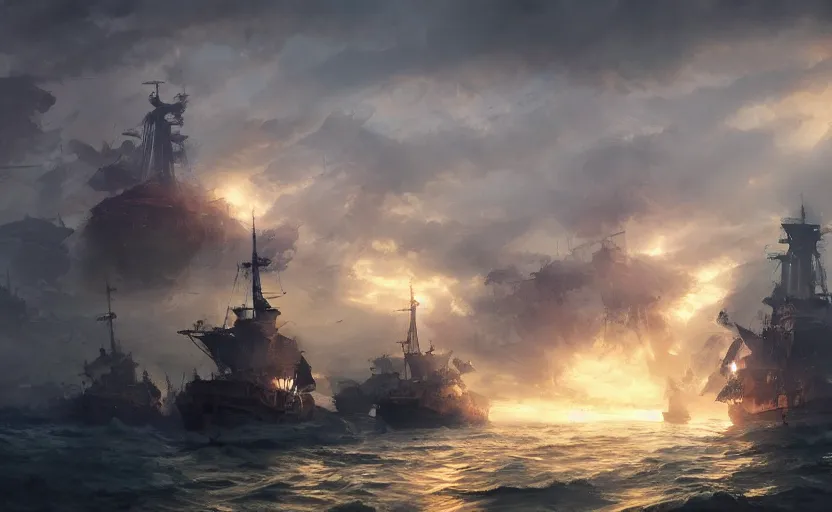 Image similar to Epic naval battle, elegant, volumetric lighting, digital painting, highly detailed, artstation, sharp focus, illustration, concept art, ruan jia, steve mccurry