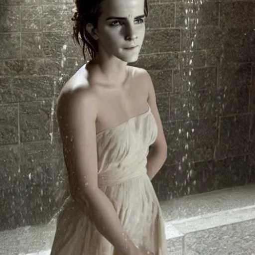 Image similar to a full body sculpture portrait of emma watson made of stone, holding an umbrealla in the shower like rain, beautiful dressed