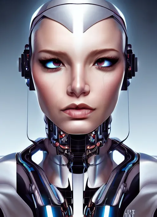 Image similar to portrait of a cyborg woman who turns her head to the (((((right))))) (((((left))))) (((((up))))) down!! by Artgerm,eyes closed , biomechanical, hyper detailled, trending on artstation