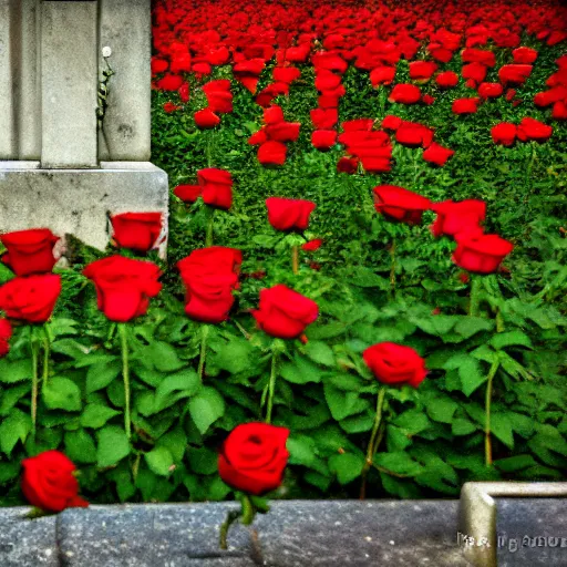 Image similar to red roses, on a grave, fisheye photo, dark