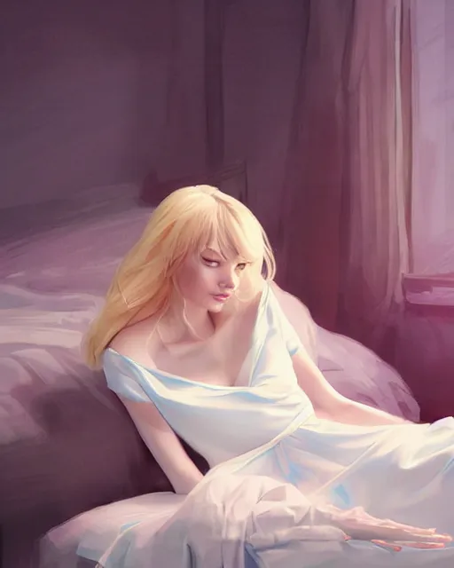 Prompt: gwen stacy wearing a satin nightgown, laying in bed, attractive, casual, digital painting, artstation, concept art, smooth, sharp focus, illustration, art by artgerm and greg rutkowski and sakimichan