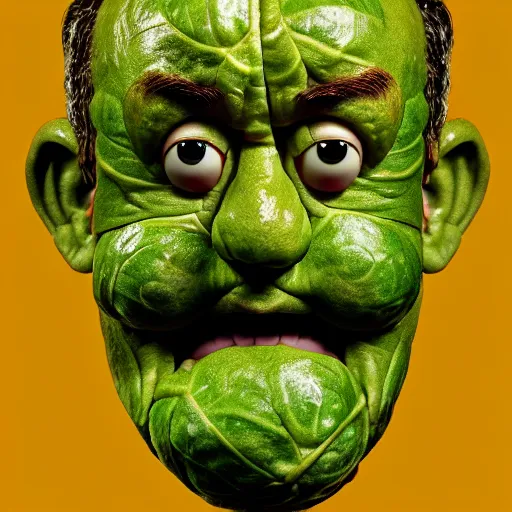 Prompt: a face made of ( ( ( brussels sprouts ) ) ) made of!!! tom hanks!!!, 8 k, trending on artstation, 8 0 mm photography, hyperrealistic