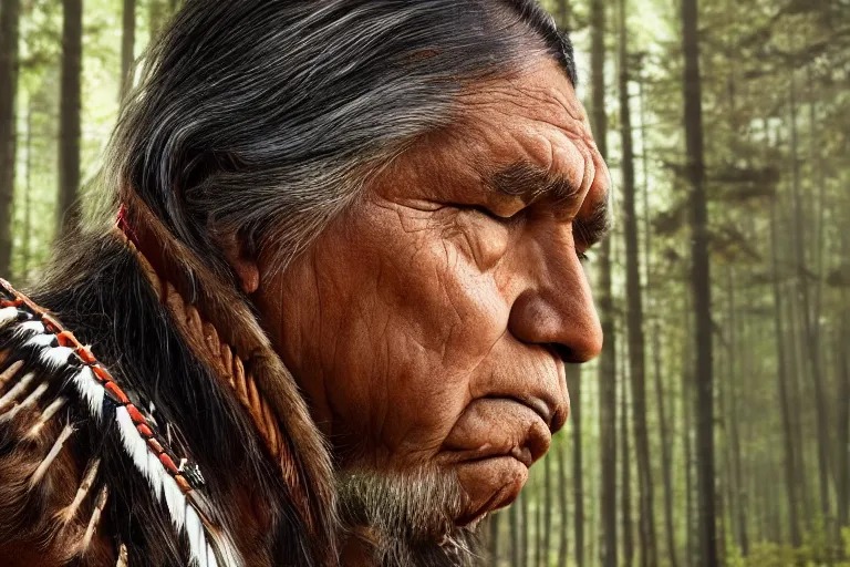 Prompt: hyper-realistic up close photograph of an elegant native american thinking, forest, detailed,