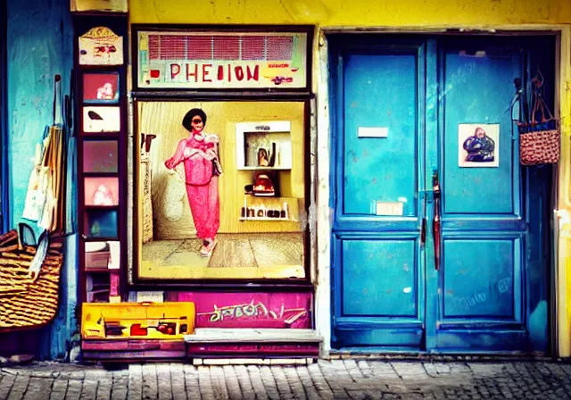 Image similar to home photography portrait, A shop keeper person of the SHOME, floor, signboards , poster ; summer, Color VHS picture quality with mixed noise