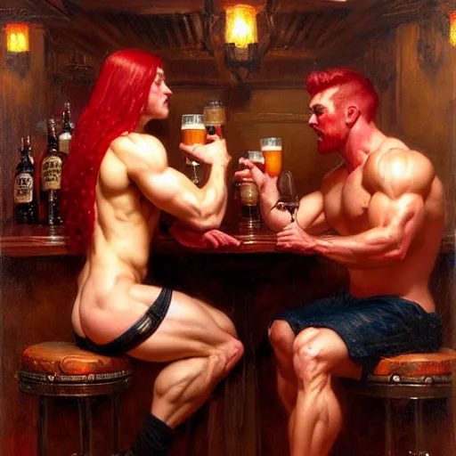 Image similar to attractive muscular mike with red hair with muscular attractive tyler with black hair, drinking their hearts out, in a pub. very defined and highly detailed painting by gaston bussiere, j. c. leyendecker, craig mullins 8 k