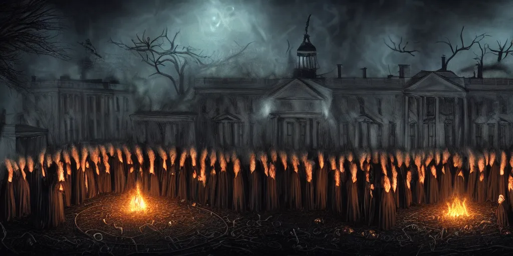 Image similar to coven of witches gathered on the roof of the burnt remains of the white house, performing a ritual to call lovecraftian aliens down from the night sky, wide shot, concept art, smooth, high quality, 4 k