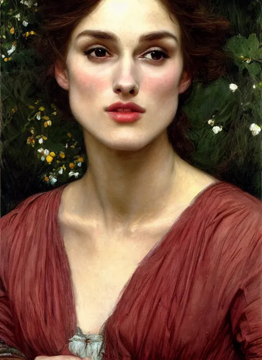 Image similar to a beautiful painting of Kiera Knightley by John Everett Millais and Dante Gabriel Rossetti and John Collier and john william waterhouse, pre-raphaelite, detailed, trending on artstation, hd, masterpiece