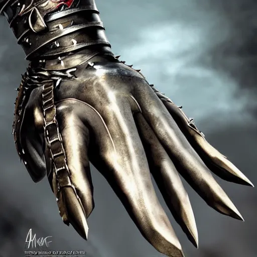 Image similar to metal claws on gloves, weaponized gauntlett, old gloves with attached talons, pointy fingertips, dark background, highly detailed, 8 k, trending on artstation, mystic, rpg artwork, by peter jackson, by sauron