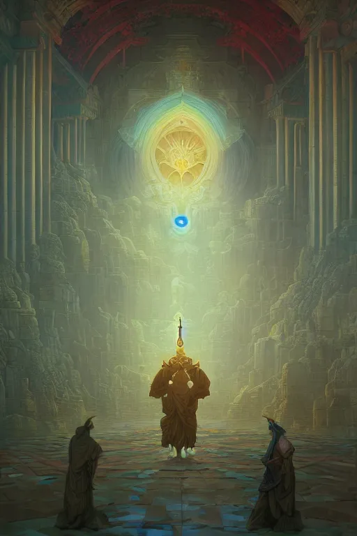 Prompt: the last temple of the shadow monk, coherent design, symmetrical, concept art, trending on artstation, vivid color, complementary color, golden ratio, detailed, sharp lines, intricate, rainbowshift, peter mohrbacher, gustave dore, maxfield parrish, alphonse mucha, deviantart, octane render