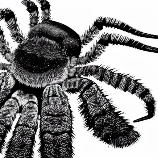 Image similar to book illustration of a tarantula with a machine gun. book illustration, monochromatic, white background, black and white image