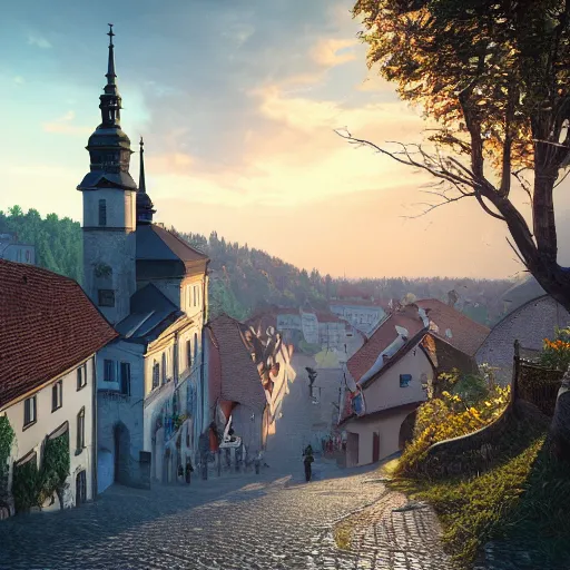 Image similar to a beautiful hyper realistic photo of banska stiavnica in summer, cobblestone pavement, with old houses and few trees in sunset, sky, v - ray, octane render, unreal engine, by greg rutkowski and james gurney, artstation